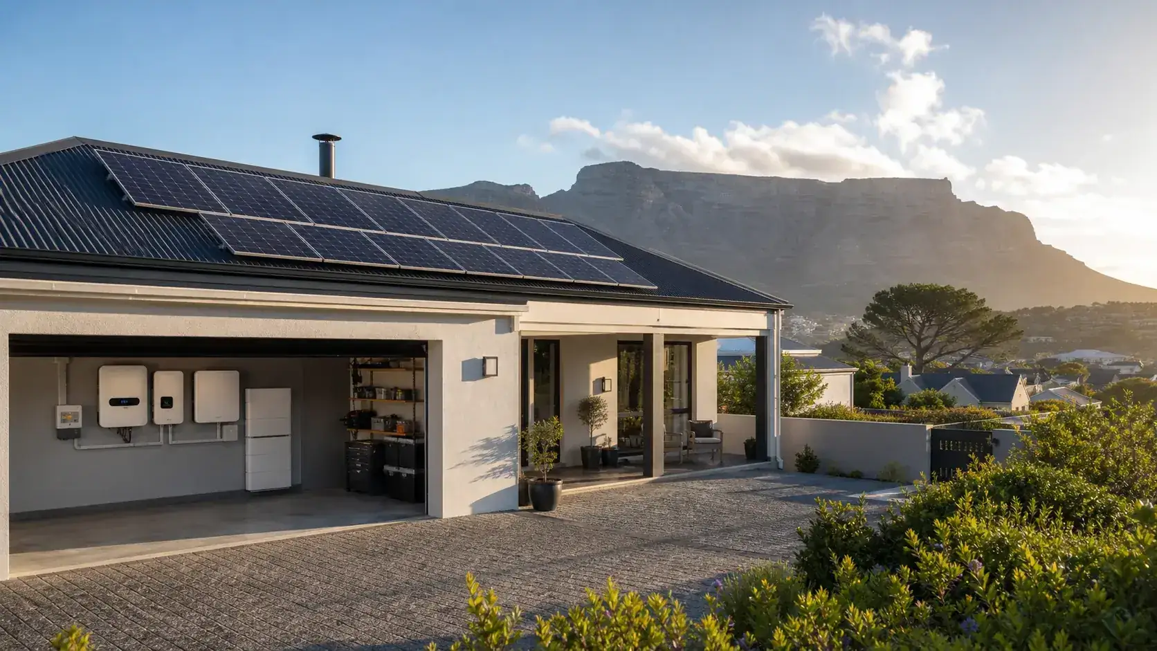 Rooftop solar panels catching the sun over a South African home