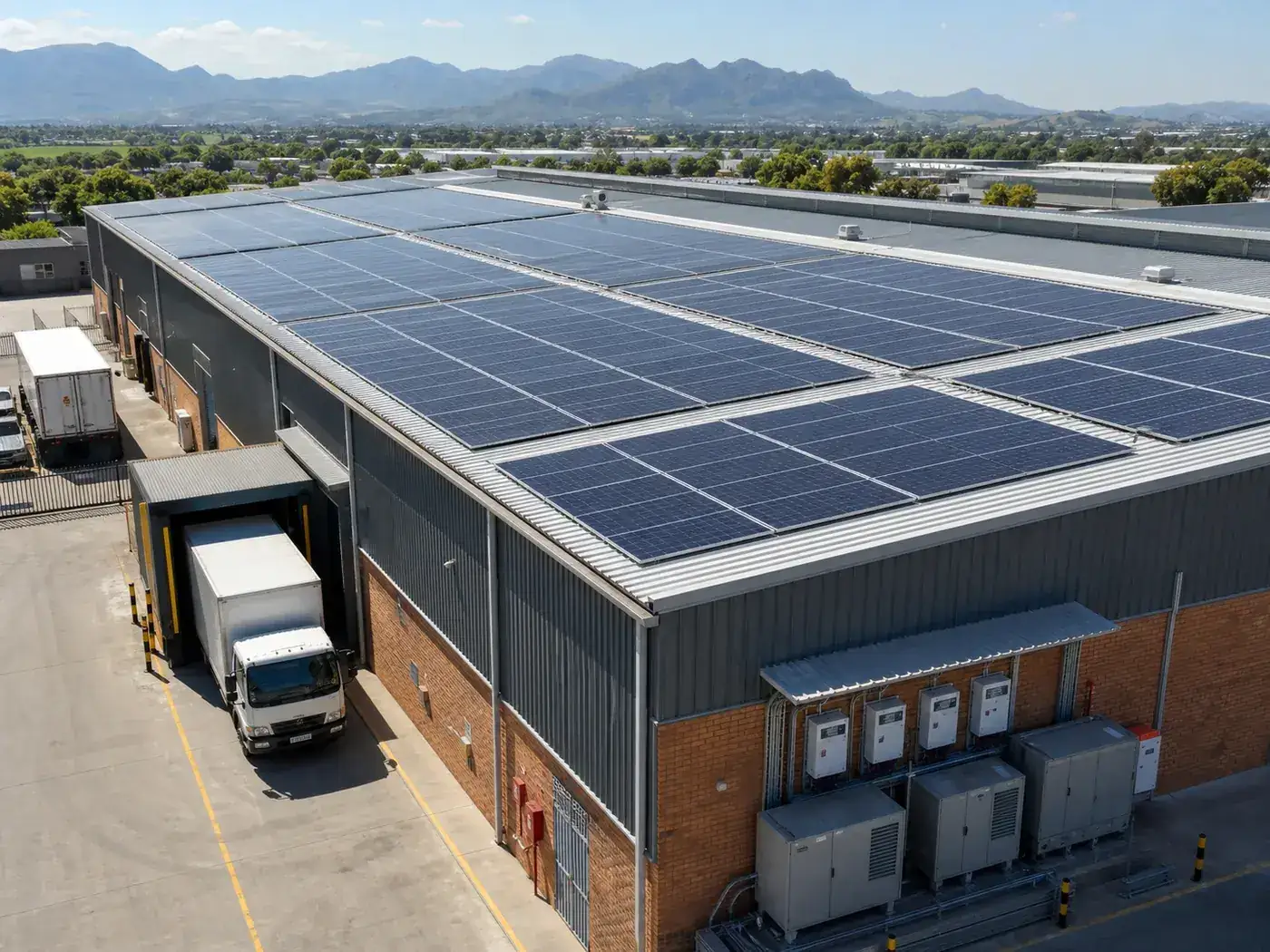 Large commercial rooftop solar installation on an industrial building