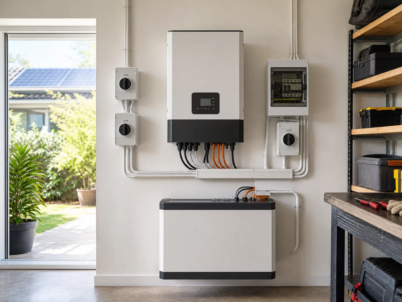 Home lithium battery backup unit mounted on a wall