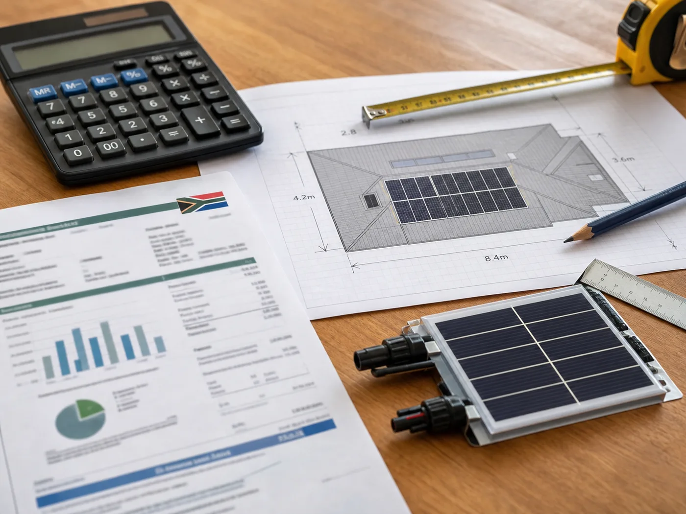 Business solar proposal and energy calculations on a desk